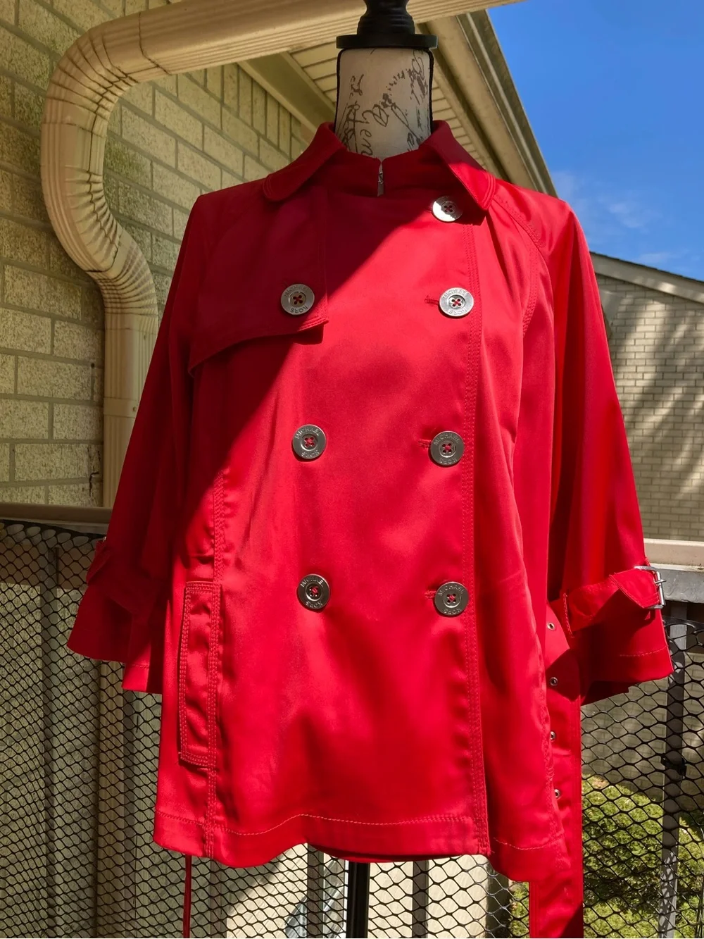 Michael Kors Red Belted Cropped Trench Coat Silver Hardware